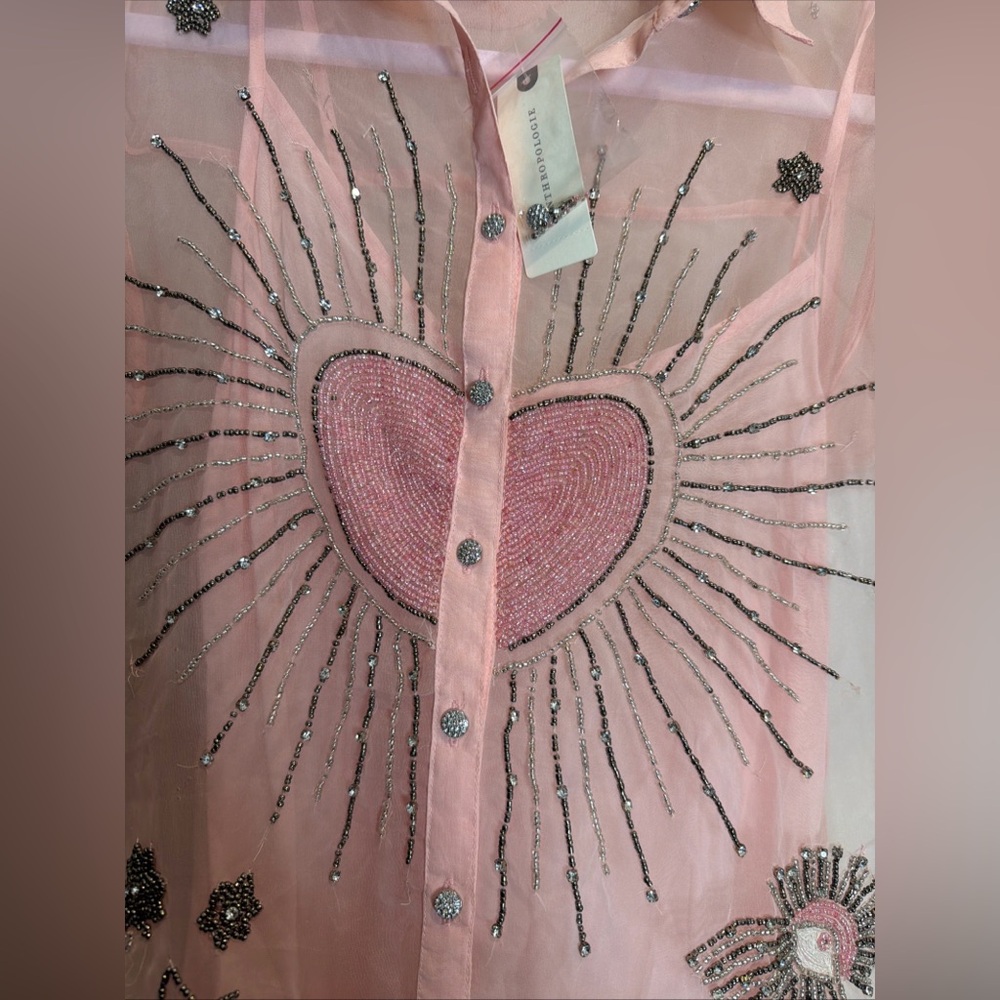 Maeve Short Sleeve Embellished Heart Embroidered Beaded Mini Shirt Dress S - Picture 5 of 9